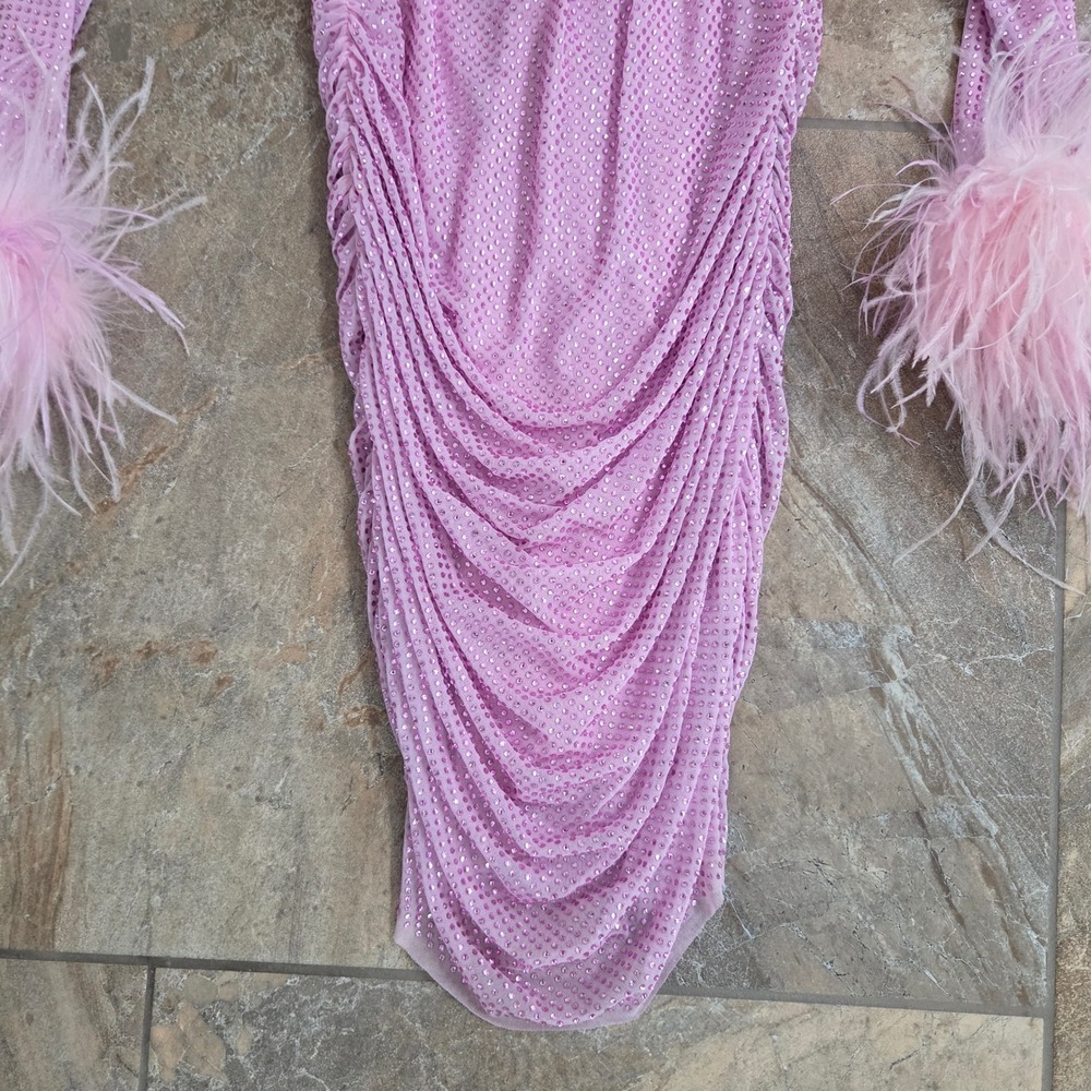 Self-Portrait Pink Rhinestone Mesh Mini Dress Feather Cuffs US 2 UK 6 - Picture 4 of 9